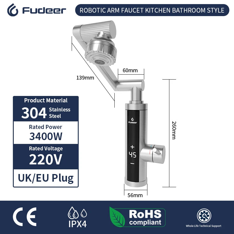 FUDEER 3400W Instant Electric Faucet – Stainless Steel Hot & Cold Water Tap