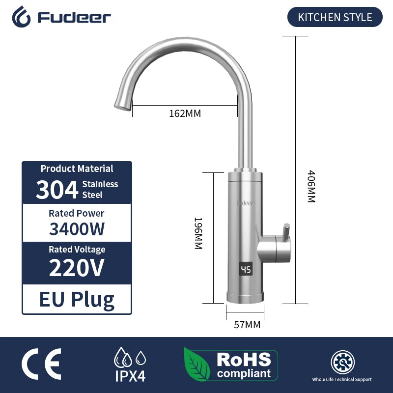 FUDEER 3400W Instant Electric Faucet – Stainless Steel Hot & Cold Water Tap