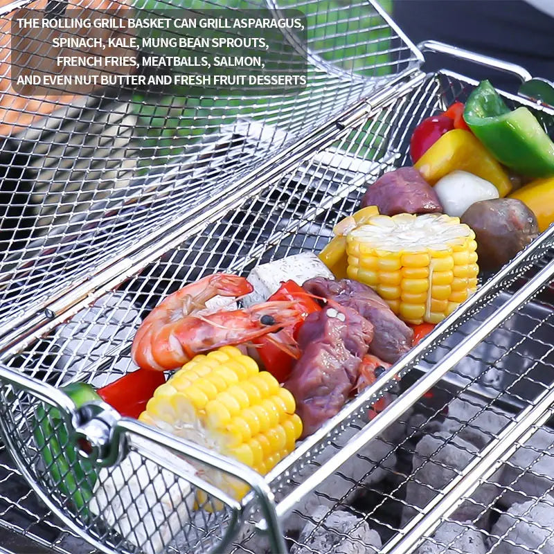 Rolling BBQ Grill Basket – Easy Rotisserie & Even Cooking